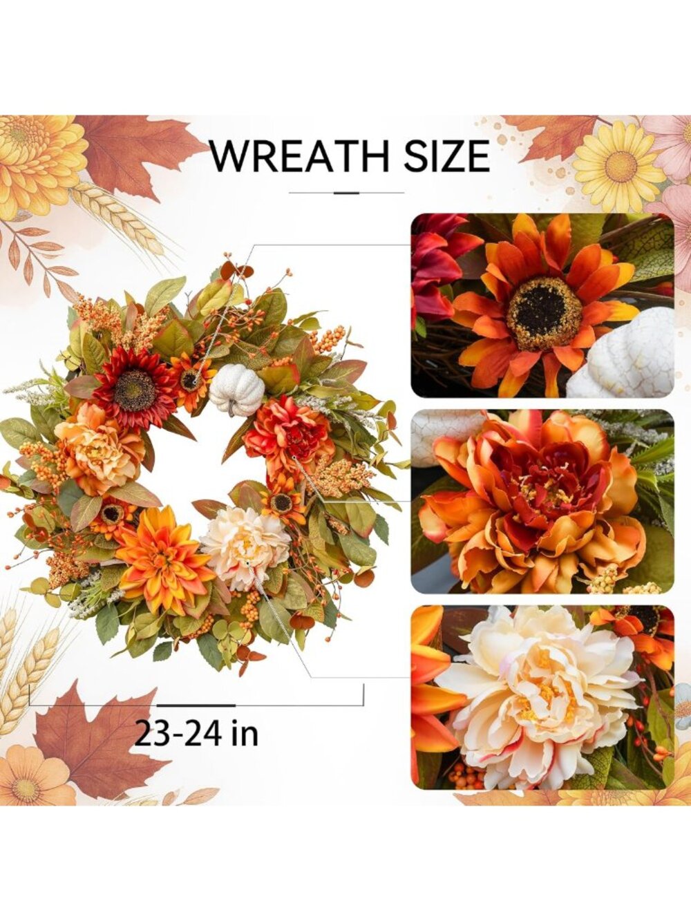 24-Inch Autumn Wreath for Front Door - Fall Decor with Peonies & Foliage - Picture 2 of 8